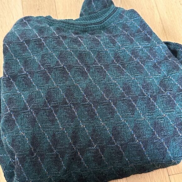 Vintage 90's Mens Argyle Sweater Size M Grandpa Sweater Wool Knit Blue Green - Picture 4 of 4